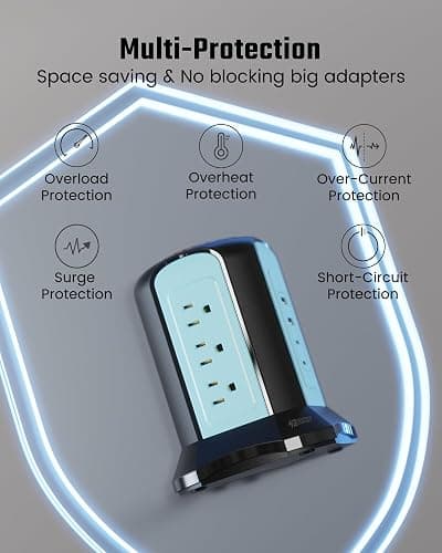 Power Strip Tower Surge Protector, SUPERDANNY Desktop Charging Station, 10 Ft Extension Cord, 9 Outlets, 4 USB Ports, 1080 Joules, 3-Prong, Grounded, Multiple Protections for Home, Office, Blue thumbnail 4