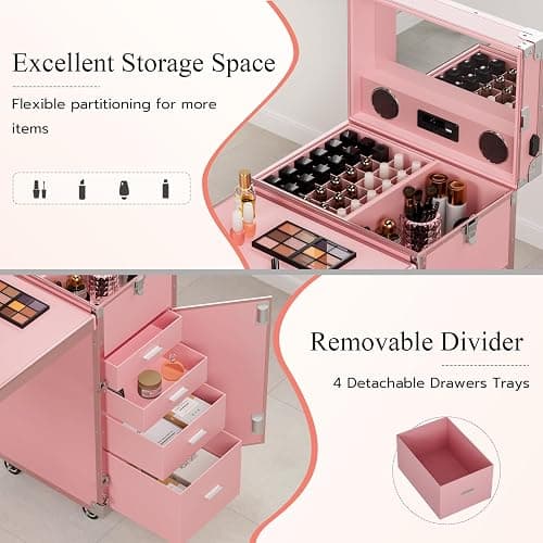Icoget Portable Rolling Manicure Table for Nail Teach, Foldable Traveling Nail Desk w/Storage, Mobile Nail Table w/Audio and Mirror, Makeup Train Case Cosmetic Trolley, Pink thumbnail 3
