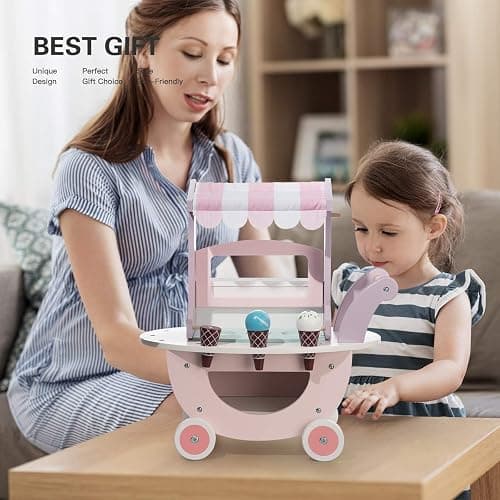 ROBUD Wooden Ice Cream Cart Toys for Kids, Toddlers Pretend Play Food Truck, Gift for Girls and Boys 3 Years & Up, Pink thumbnail 4