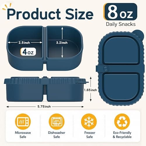 ICEROYCE 3 Pack Silicone Snack Containers for Kids, 2 Compartment Lunch Box | 8 oz Capacity, Leakproof Lid, Food Grade Silicone, Separate Compartments for School Lunch, Daycare and Travel thumbnail 2