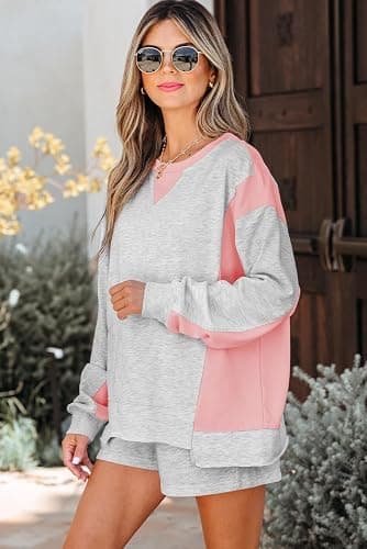 KevaMolly Womens Lounge Sets Light Color Block Raw Hem Pullover and Casual Shorts Set Two Piece Sets thumbnail 3
