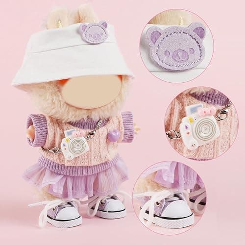 5 Set 15- 17cm Doll Clothes - Dolls Outfit Accessories for Girl , with White Bucket Hat + Small Camera + Canvas Shoes (No Doll) (Purple) thumbnail 5