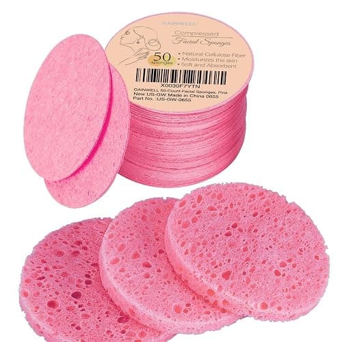 GAINWELL 50-Count Compressed Facial Sponges for Daily Facial Cleansing and Exfoliating, 100％ Natural Cosmetic Spa Sponges for Makeup Remover, Reusable, Pink - Image 1