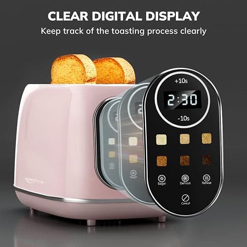 Keenstone Smart Touch Screen Toaster 2 Slice, Retro Wide Slot Stainless Steel Toaster with 6 Browning Levels, Reheat & Defrost, for Bagel, Toast, Bread, Removable Crumb Tray, Pink thumbnail 4