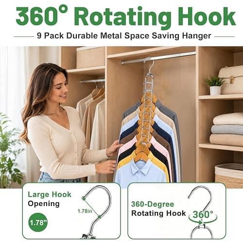 College Dorm Room Essentials, 9-Hole Space Saving Hangers for Closet Organizers and Storage, Heavy Duty Cascading Hanger with 360° Swivel Hook, Wide Slot Closet Space Saver for Wardrobe, Apartment thumbnail 5