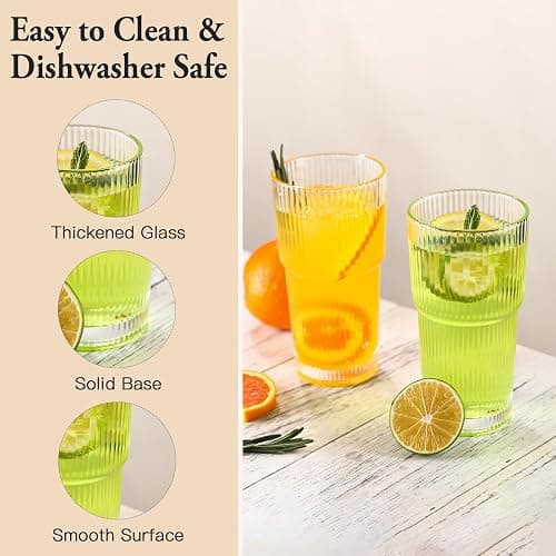 SIPBYSOP 4PCS Ribbed Glass Cups with Lids and Straws, 20oz Vintage Drinking Glasses, Aesthetic Iced Coffee Cups, Glass Tumbler for Boba, Beer, Tea, Cocktails, Ribbed Glassware Set,Clear thumbnail 7