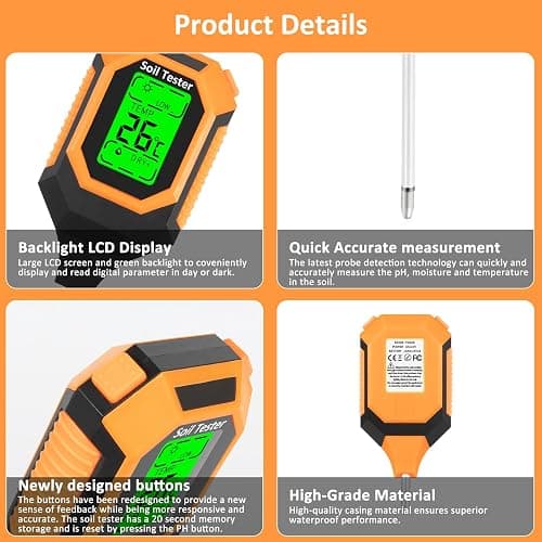 4-in-1 Soil Moisture Meter Digital PH Meter/Soil Moisture/Plant Temperature/Sunlight Intensity, Backlight LCD Display, Soil Test Meter for Garden, Lawn, Plant Care, Farm and Indoor Outdoor Plants thumbnail 6