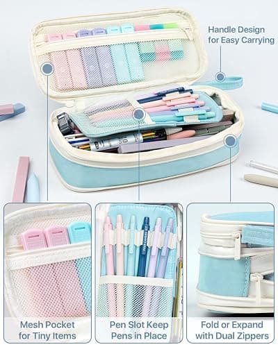 Four Candies 56 PCS Aesthetic School Supplies with Cute Pencil Case, 6 Multicolor Pen, 12 Pastel Highlighters, 5 Gel Pens Black Ink, 9 Mechanical Pencils for Student Stationary Set Preppy Stuff (Blue) thumbnail 4