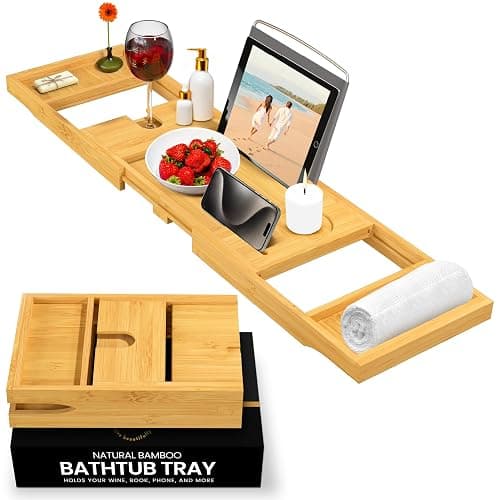 Bathtub Tray Caddy - Premium Bamboo Expandable Bath Tub Tray Table, Luxurious Wooden Bath Caddy for Books, Tablets, Wine, Bathroom Accessories, Spa Essentials, Housewarming, Wedding - Bamboo - Image 1