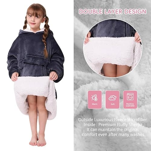 yescool Wearable Blanket Hoodie Kids, Oversized Blanket Sweatshirt with Sherpa Teen Girl Gifts for Kids, Youth, Boys, Girls, 8-15 Year Old Girl Boy Gift Warm Teen Wearable Blankets, One Size, Grey thumbnail 3