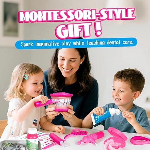 ULOVEME Kids Dentist Play Set Pink with Braces /Removable Teeth /Retainer - Doctor Kit for Toddlers 3-5 - Educational Toys for 4+ Year Old Girls - Pretend Play Toy for Ages 5-7 (Fushia) thumbnail 2