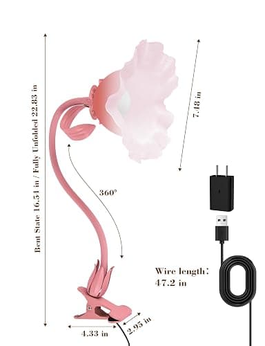 Flower Clip On Desk Lamp for Home and Dorm - Cute Floral Clip On Bedside Book Reading Light, Pink Flower Bunk Bed Lighting, Kawaii Led Flexible Gooseneck Table Lamp for Headboard with Clamp thumbnail 3