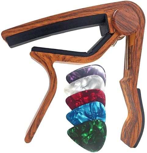 WINGO Guitar Capo for Acoustic and Electric Guitars - Rosewood Color with 5 Picks - Image 1