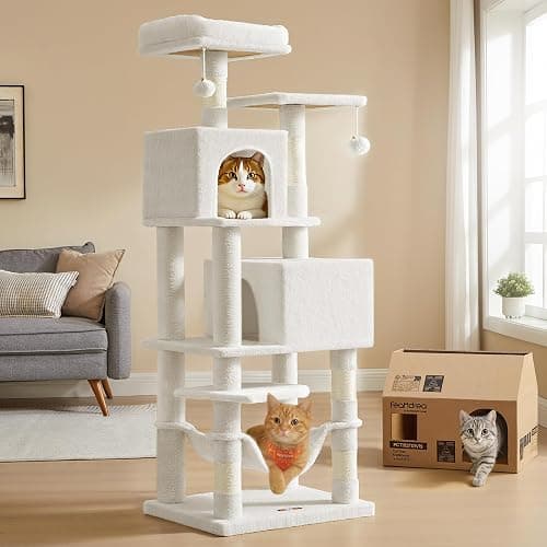 Feandrea Cat Tree, 59.5-Inch Tall Cat Tower, Plush Multi-Level Condo with 5 Scratching Posts, 2 Perches, 2 Caves, Hammock, 2 Pompoms, Cream White UPCT192T01 - Image 1