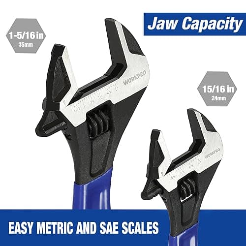 WORKPRO 2-Piece Adjustable Wrench Set, 6-Inch & 10-Inch Wide Jaw Black Oxide Wrench, Cr-V Steel, Metric & SAE Scales, Max Jaw Opening 15/16" & 1-5/16", for Home Repairs, Plumbing, Garage Work thumbnail 4