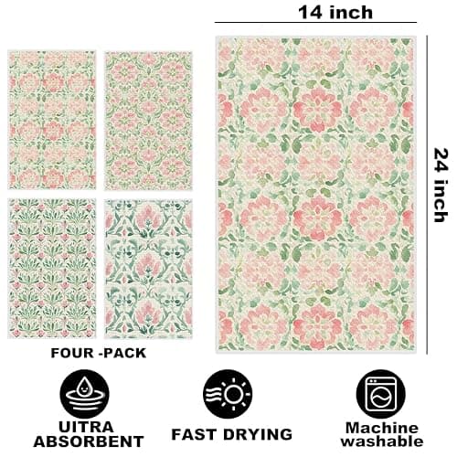 4 Pcs Watercolor Floral Kitchen Towels, Artistic Pink Green Decorative Absorbent Microfiber Dish Cloth Tea Towel, Durable Waffle Hand Towels for Farmhouse Home Bathroom, Housewarming Gifts thumbnail 3