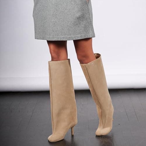 Women's Knee High Boots Nude Suede Wide Calf Stiletto Long Boots Pull On High Heel Riding Boots Fahion Dress Fall Tall Boots thumbnail 4