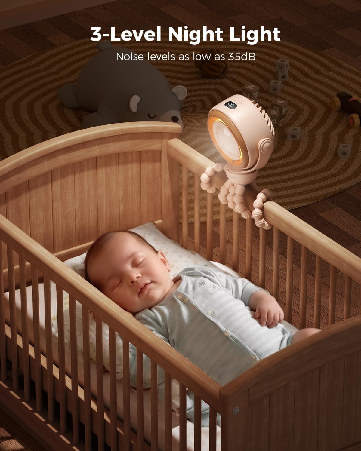 SWEETFULL Portable Pram Fan, 4 Speed Baby Stroller Fan, 360° Rotate Clip on Fan with LED Display & Night Light, 4000mAh Rechargeable Quiet Mini Safe Fan for Desk, Car Seat, Hand, Travel, Brown thumbnail 6