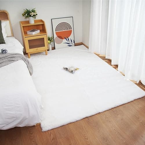 Ghouse Ultra Soft Faux Rabbit Fur Rug 4x6, Machine Washable Area Rugs for Bedroom Fluffy Rugs for Living Room, No-Shedding Carpet Sheepskin Rug White thumbnail 2