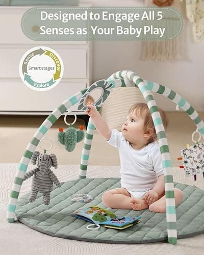 Blissful Diary Baby Play Gym Mat, Play Mat Activity Mat with 6 Detachable Toys for Stage-Based Sensory & Motor Skill Development, Easy to Install & Clean, Baby Essentials Gift, Sage Green thumbnail 3