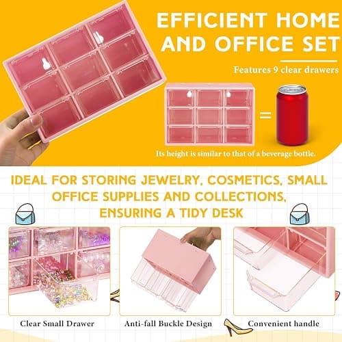 Wenqik 2 Pcs Mini Storage Drawers Teacher Toolbox Organizer with 9 Clear Drawers Small Plastic Desktop Teacher Desk Craft Organizer for Classroom Office 7" x 3. 9" x 4. 7"(Pink) thumbnail 3