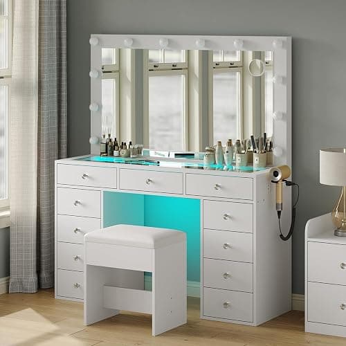 CollaredEagle Makeup Vanity Desk with RGB Lights, 47.2'' Mirror, 11 Drawers | RGB Lights, 47.2'' Mirror, 11 Drawers, 3 Light Colors, 5 Brightness Levels, Charging Station, White thumbnail 3