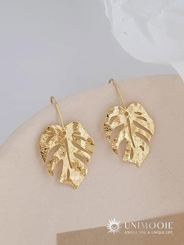 Unimooie 18k Gold Plated Vibe Monstera Leaf Earrings for Women Gold Lightweight Boho Leaves Hook Drop Dangle Party Gift thumbnail 5