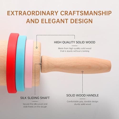 WitHlper Beechwood Rolling Pin Set with 6 Thickness Rings, Non-Slip Silicone Mat,Wood Stand – 17" Dough Roller for Baking, Pizza, Tortilla, Pastry – Wooden Rolling Pin Kit for Even Thickness thumbnail 4