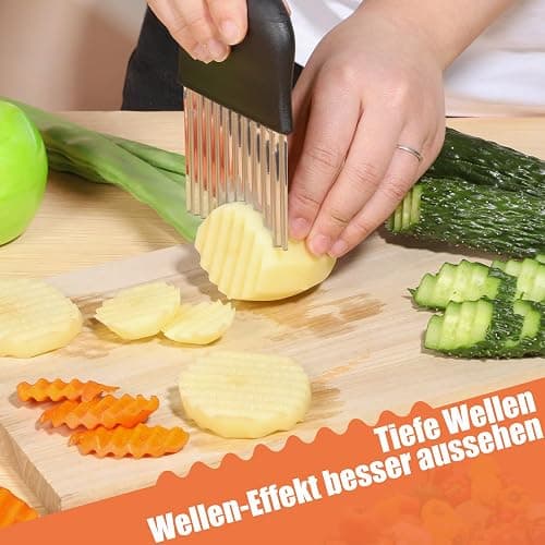 Wellenschneider,14x9,5 cm Riffelmesser Wellenmesser Kinder Wellenschnittmesser Gurkenschneider Pommesschneider Kartoffelschneider Beikost Zubehör Edelstahl für Pommes Kartoffeln Gemüse Obst Gurken thumbnail 2
