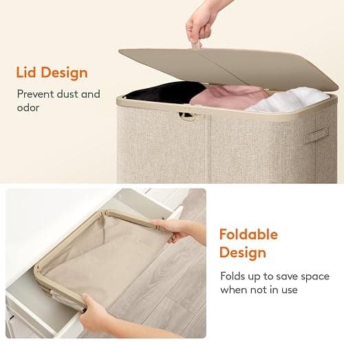 Lifewit 185L Large 3 Section Laundry Hamper with Lid, Plastic Laundry Basket with Bamboo Handles and Removable Bags, Tall Foldable Clothes Hamper for Bathroom Bedroom, Beige thumbnail 8