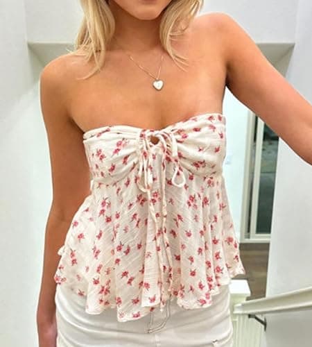 Flowy Tube Tops for Women Y2k Strapless Backless Tube Top Ruffle Off Shoulder Bandeau Tops Going Out Tops Streetwear thumbnail 6