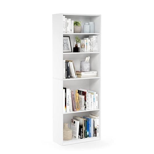 Furinno JAYA Book Shelf, 5-Tier Bookshelf, Bookcase with Adjustable Shelves, 9.5 x 24.5 x 71.2, for Organization and Storage, for Living Room, Bedroom, Home Office, White - Image 1