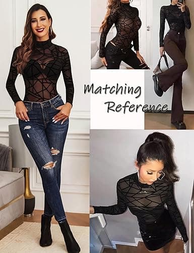 Avidlove Long Sleeve Bodysuit for Women Turtleneck Sheer Mesh Bodysuit Geo Print Leotards thumbnail 4