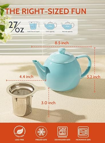 Sweese Teapot, Porcelain Tea Pot with Stainless Steel Infuser, Blooming & Loose Leaf Teapot - 27ounce, Turquoise thumbnail 3