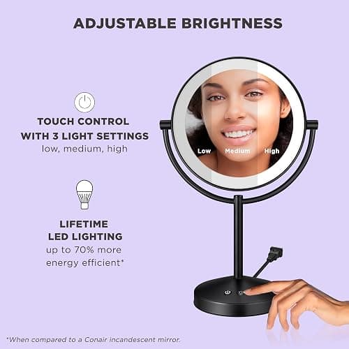 Conair Lighted Makeup Mirror, Double-Sided LED Vanity Mirror with 1X/10X Magnification, 3 Light Settings, 3 Modes, 360° Rotation, Matte Black Finish thumbnail 2