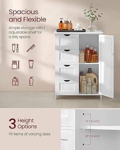 VASAGLE Storage Cabinet with Drawers, Freestanding Floor Cabinet with Door, 11.8 x 21.7 x 32.3 Inches, Adjustable Shelf, for Bathroom, Living Room, Kitchen, Cloud White ULHC041WH01S thumbnail 5