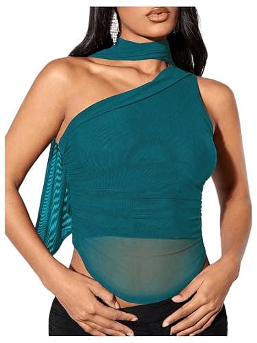 MakeMeChic Women's Halter Scarf Sexy Sheer Mesh Tops Ruched Off Shoulder Asymmetrical Neck Crop Tank Top Going Out Clubwear - Image 1