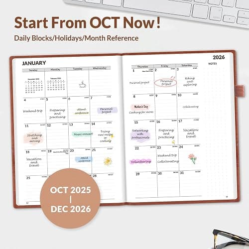 SUNEE 2026 Weekly & Monthly Hardcover Planner 5.5" x 8.3" - 12 Month (January 2026 - December 2026), Small Hardcover Planner, Pocket, Notes, 100 GSM Paper, Brown thumbnail 2