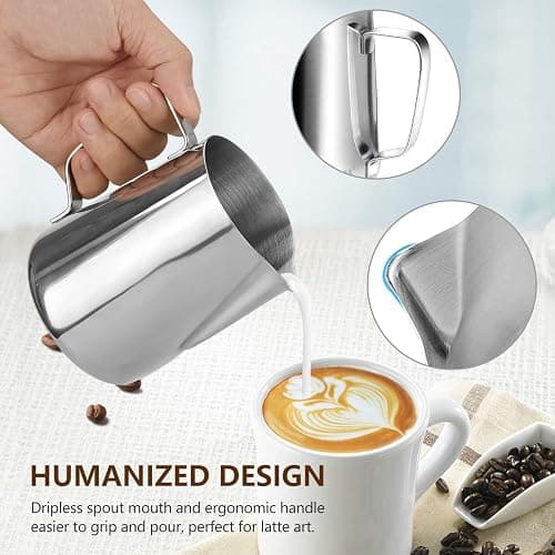 HOOMIL Milk Frothing Pitcher, 12oz/350ml Stainless Steel Steaming Pitcher Barista Milk Frother Cup Jug for Espresso Machine Coffee Cappuccino Latte Art - Silver thumbnail 4