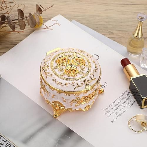 Hipiwe Vintage Round Jewelry Box Small Metal Trinket Storage Organizer | Gold Chest Ring Case Treasure Boxes Keepsake Boxes Earrings Necklace Storage Box Gift for Women thumbnail 2
