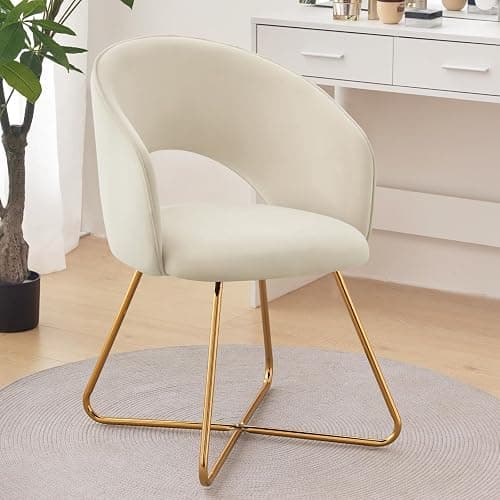Furniliving Velvet Vanity Chair with Curved Back, Upholstered Barrel Desk Chair with Gold Legs, Mid Century Modern Accent Chair for Living Room, Dressing Room, Bedroom, Khaki - Image 1