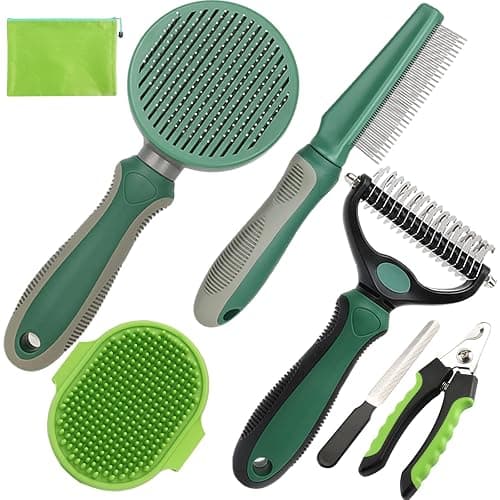 KUEIOX Pet Grooming Kit - 7 PCS Green Deshedding Brush Set with Undercoat Rake, Slicker Brush, Bath Brush & Nail Clipper for Short & Long-Haired Dogs and Cats - Image 1