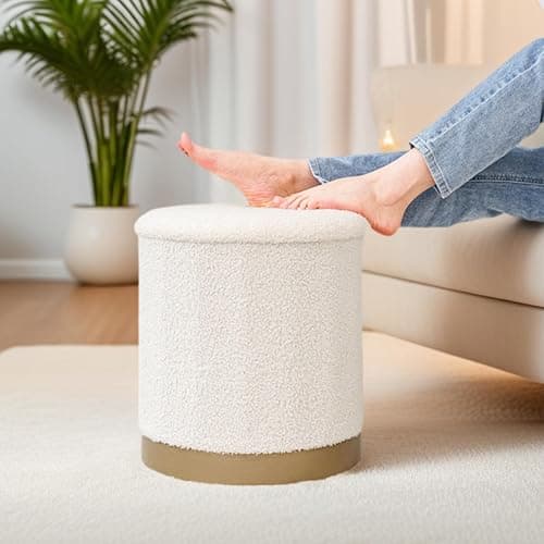 CAIPINFUL 15 Inches Round Storage Ottoman - Boucle Ottoman Foot Rest with Gold for Living Room,Bedroom and Dorm-White thumbnail 4
