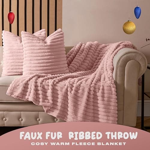 OHS Faux Fur Ribbed Pink Throw, Winter Warm Thick Blanket for Bed Sofas Fleece Throws for Home Decorative Comfy Super Soft Couch Cover Throw, 125 x 150cm - Blush thumbnail 2