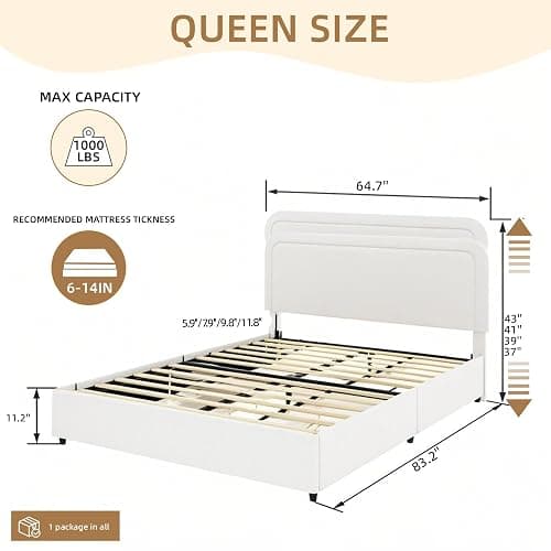 Queen Size Boucle Upholstered Platform Bed Frame, with 4 Drawers Storage, Curved Stitched Tufted Headboard, Wooden Slat Mattress Support, Noise Free, Easy Assembly, No Box Spring Needed, Ivory thumbnail 2