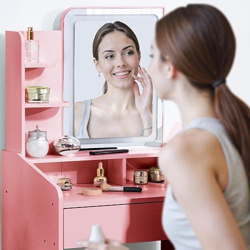 Downing Small Vanity Desk with Mirror and Lights, Makeup Vanity with Drawer & Storage Shelves, Makeup Desk with 3 Lighting Modes & Adjustable Brightness, Dressing Table for Women Girls Bedroom Pink thumbnail 4