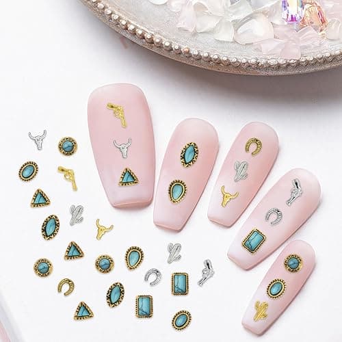 50 PCS Turquoise Nail Charms - 3D Western Nail Charms Vintage Turquoise Gems Stones Art, Retro Metal Gold Silver Cowboy Cowgirl Western Art Stickers Accessories Women DIY thumbnail 6
