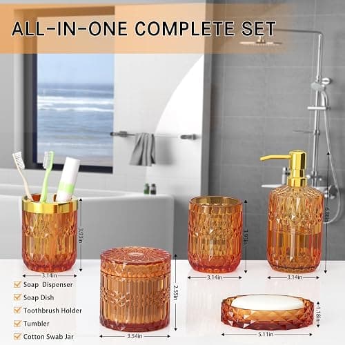 Orange Glass Bathroom Accessories Set 5 Pcs, Orange Bathroom Set, Soap Dispenser and Toothbrush Holder Set, Qtip Holder Set, Vintage Bathroom Sink Set, Cute Bathroom Decor thumbnail 3