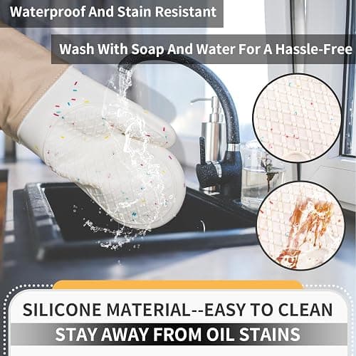 Dorkuova Oven Glove Cute,Cooking Mittens,Oven Mittens for Kitchen,Oven Gloves for Kitchen,Washable Silicone Oven Mitts Heat Resistant 500°F, Potholders for Kitchens Cooking Baking(Cream thumbnail 3