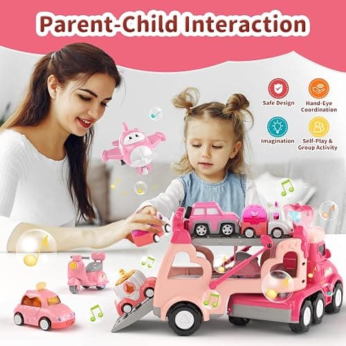 Toddler Girl Truck Toys for 2 3 Year Old Girl Birthday Gifts, 7-in-1 Pink Princess Car Transport Carrier Trucks for Toddlers 2-4, Friction Power Toy Cars with Lights & Music, My daughter First Gift thumbnail 3